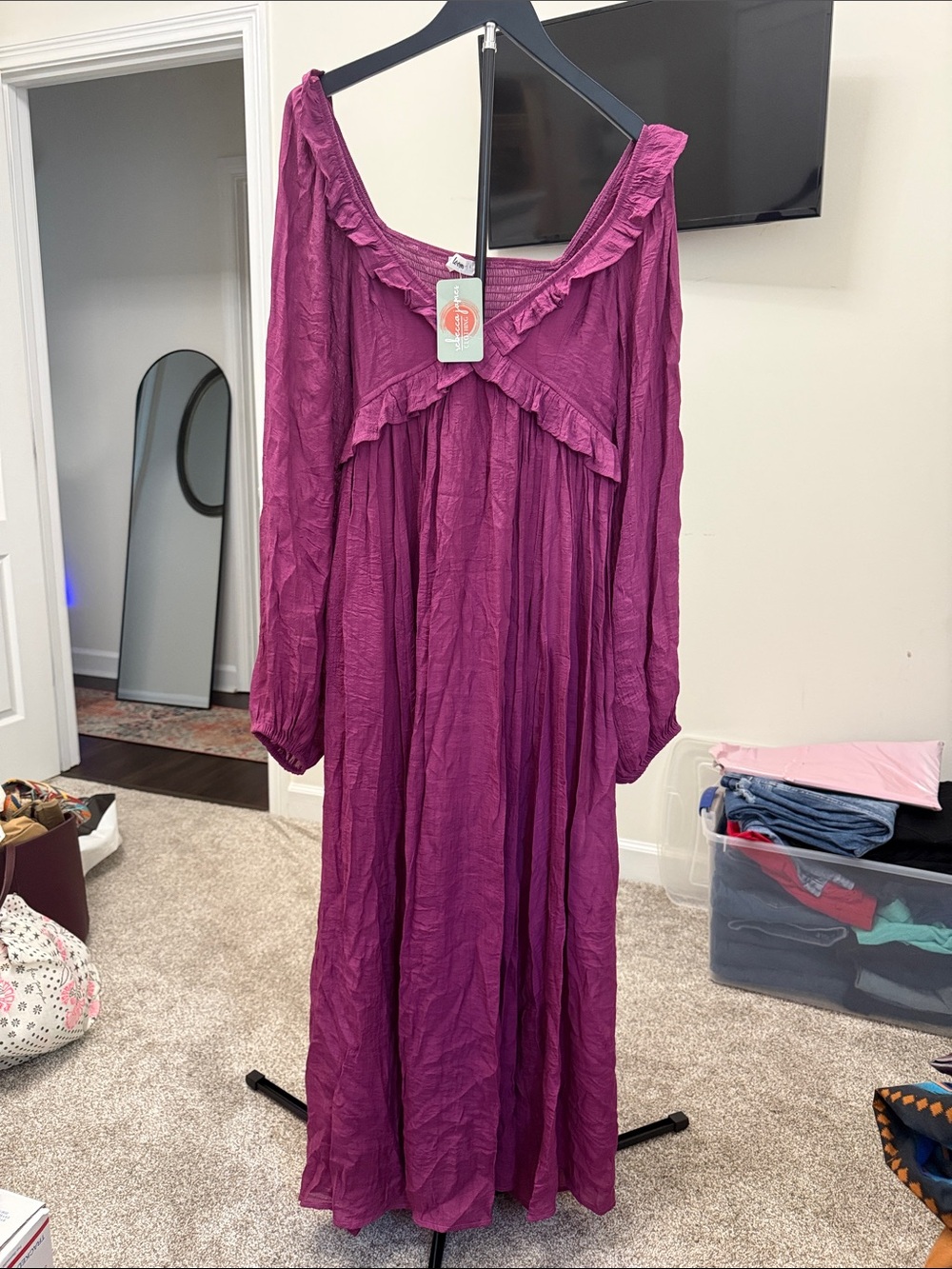 Ruffled Long Sleeve Maxi Dress in Plum